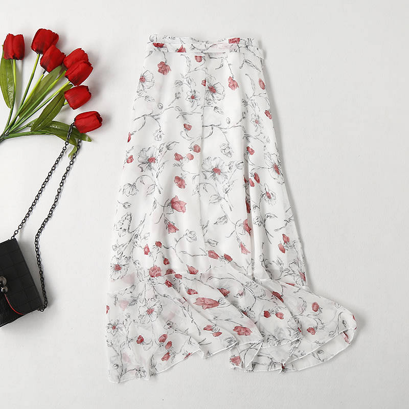 White Floral Print Asymmetric High Waist Fishtail Chiffon Self Wrap Skirt