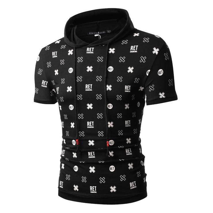 Men's Printed Short Sleeve Hooded Red Tees - Large