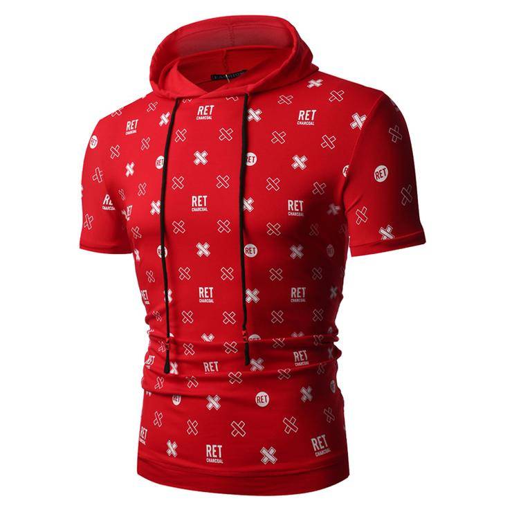Men's Printed Short Sleeve Hooded Red Tees - Large