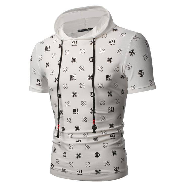 Men's Printed Short Sleeve Hooded Red Tees - Large