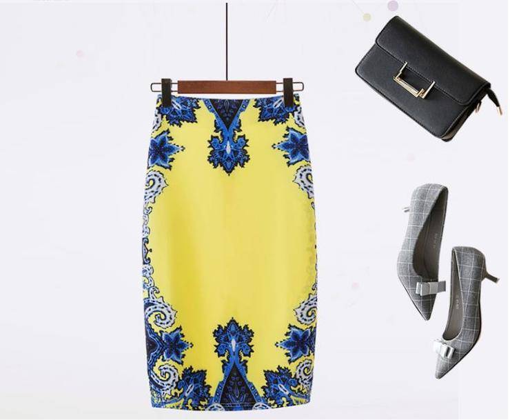 Yellow & Blue Retro Print Ladies Office Midi Pencil Skirt - Small