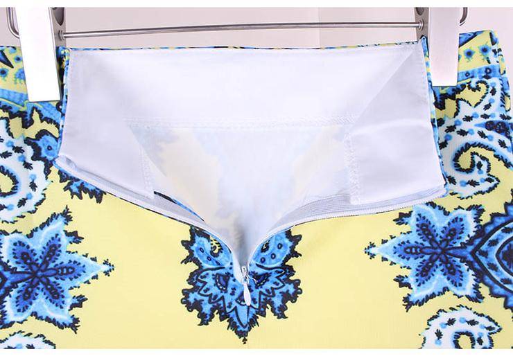 Yellow & Blue Retro Print Ladies Office Midi Pencil Skirt - Small