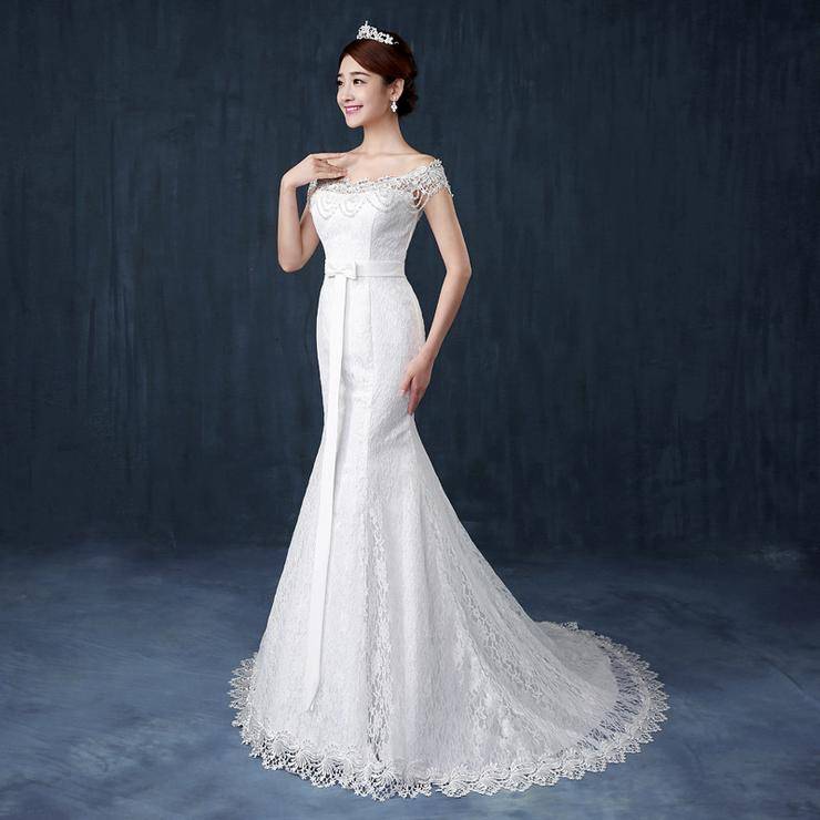 White Beaded Floor-Length Mermaid Wedding Dress Bridal Wedding Gown - Xlarge