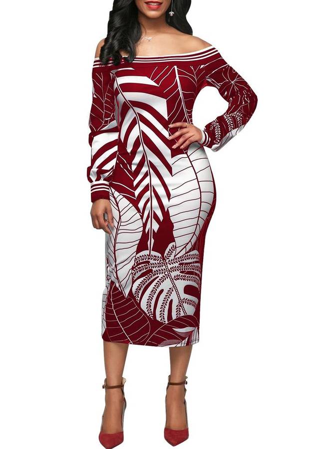 Off Shoulder Palm Leaf Print Bodycon Dress In Wine Red - XLarge