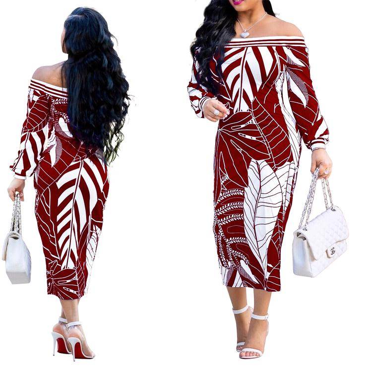 Off Shoulder Palm Leaf Print Bodycon Dress In Wine Red - XLarge