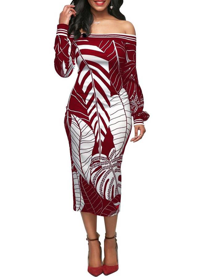 Off Shoulder Palm Leaf Print Bodycon Dress In Wine Red - XLarge
