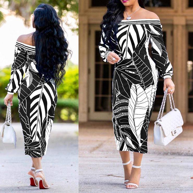 Off Shoulder Palm Leaf Print Bodycon Dress In Black - 2XLarge