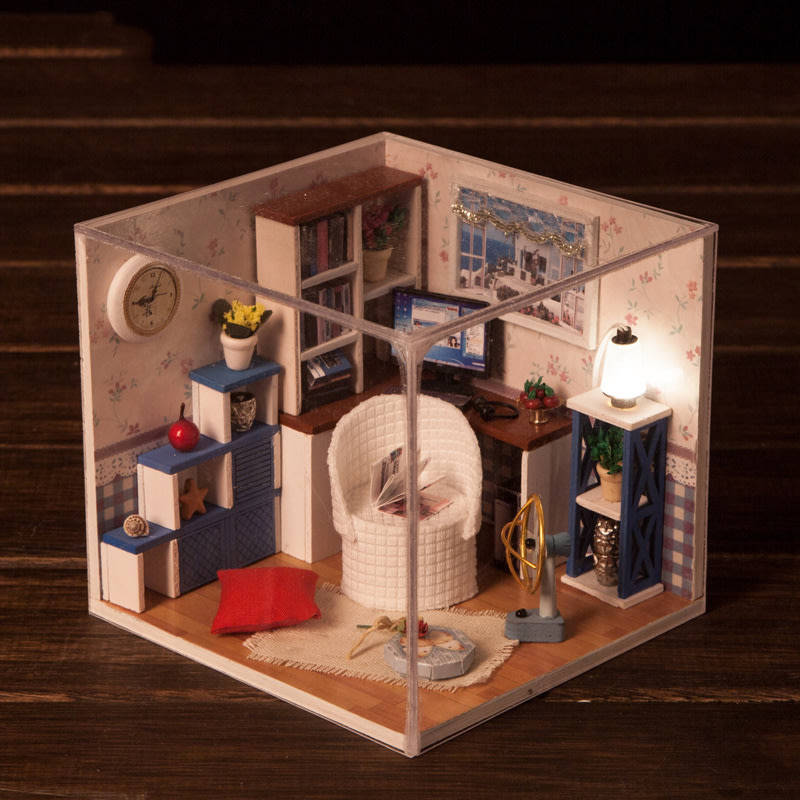 Handcraft Wooden Dolls House Miniature DIY Kit with LED light Creative Warm Time