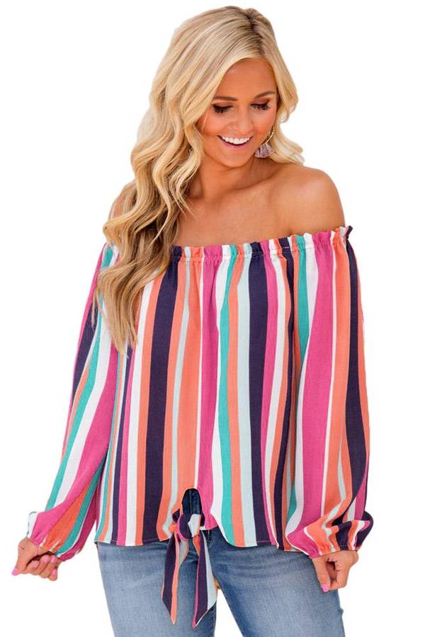 Pink Striped Off Shoulder Blouse - 2XL