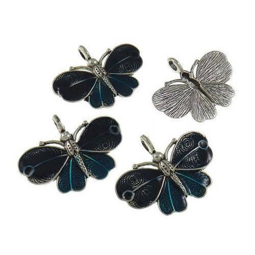 Pendants, Antique Silver Turquoise Enamel Butterfly Pendants, 41mm (Loose)