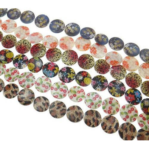 Beads, Shell Beads, Mixed Colors Flat Round Printed Shell Beads, 24mm (Loose)