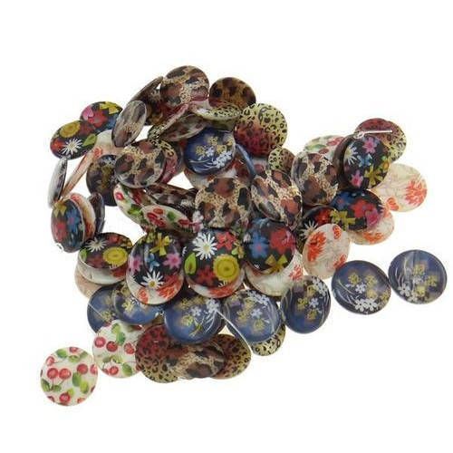 Beads, Shell Beads, Mixed Colors Flat Round Printed Shell Beads, 24mm (Loose)