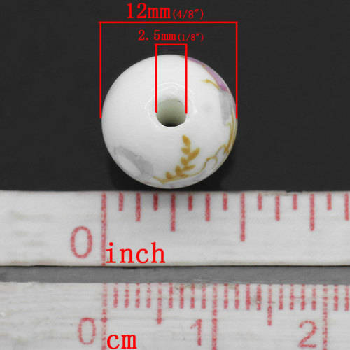 Beads, Glass Beads, Pink And Light Blue Floral Round Ceramic Glass Beads, 12mm (Loose)