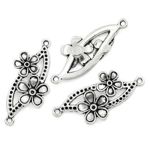 Findings, Connectors, Antiqued Silver Floral Connector Links With Chaton Settings, 3.7cm (Loose)