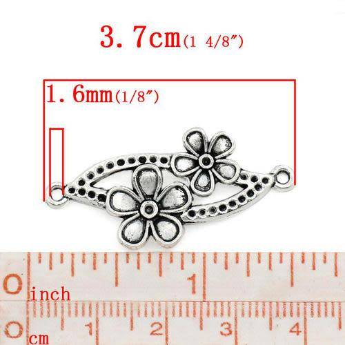 Findings, Connectors, Antiqued Silver Floral Connector Links With Chaton Settings, 3.7cm (Loose)