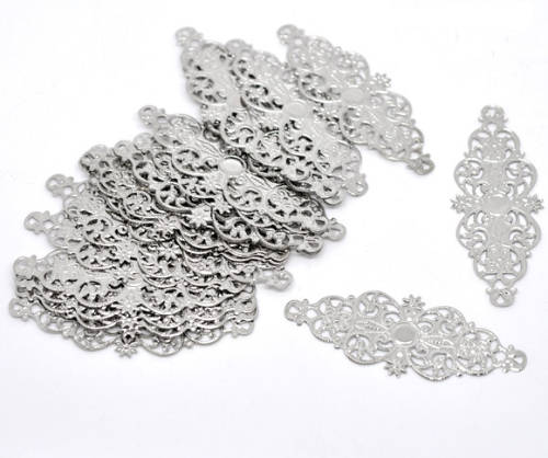 Findings, Connectors, Silver Filigree Floral Link Connectors With Cabochon Setting, 6.1cm (Loose)