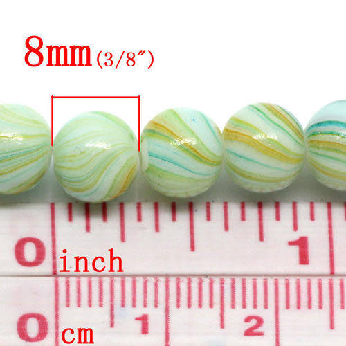 Beads, Glass Beads, Pastel Green Striped Round Glass Beads, 8mm (Loose)