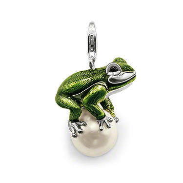 925 SILVER - CLIP ON - PENDANT - GREEN FROG ON FRESHWATER PEARL