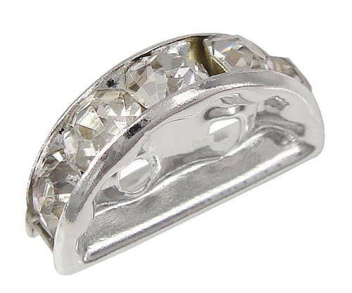 SPACERS - RHINESTONE - HALF MOON - TWO HOLE - SILVER PLATED - 12.5x7x3.5mm