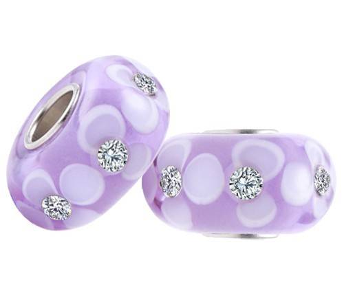 EUROPEAN STYLE - 925 SILVER CORE - GLASS BEADS - LILAC WITH CZ AND WHITE FLORAL DESIGN