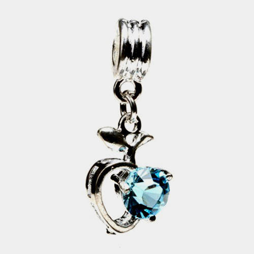 PANDORA STYLE AQUAMARINE CRYSTAL CZ HEART EUROPEAN DANGLE CHARM BEAD