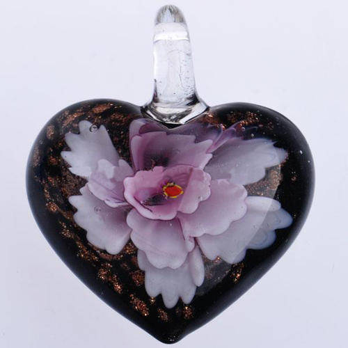 INNER FLOWER MURANO GLASS LAMPWORK PENDANT - HEART - PURPLE AND GOLD - 37x30.50x14mm