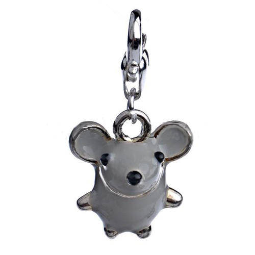 CLIP-ON - SILVER - DANGLE CHARM - MOUSE - GREY AND BLACK ENAMEL