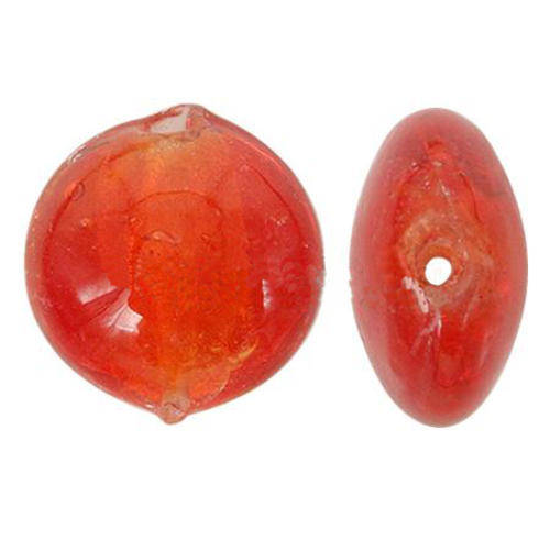 GLASS BEADS - SILVER FOIL - FLAT ROUND - RED 12x8mm