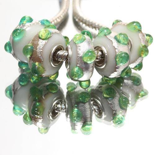 PANDORA STYLE 925 SILVER MURANO GLASS LAMPWORK BEADS -  WHITE AND SILVER WITH RAISED GREEN BUMPS