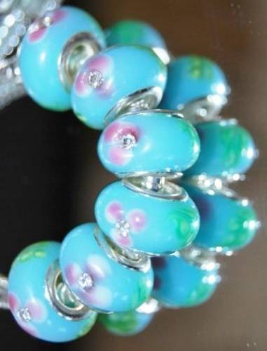 PANDORA STYLE 925 SILVER MURANO GLASS BEADS -LIGHT BLUE WITH PINK FLOWER AND CZ CRYSTAL