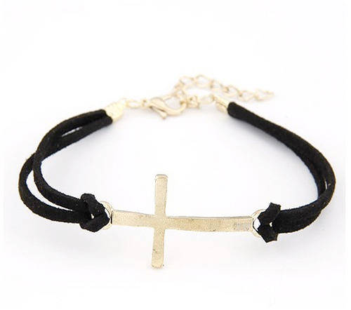 GOLD PLATED BLACK SUEDE CROSS FRIENDSHIP BRACELET