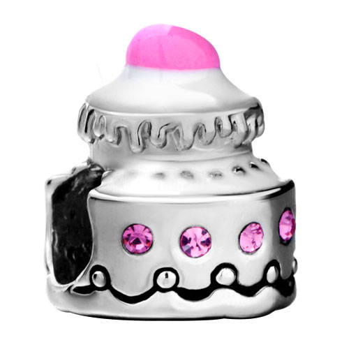PUGSTER - ENAMEL AND RHINESTONE - BIRTHDAY CAKE - ROSE PINK OCTOBER BIRTHSTONE CHARM BEAD