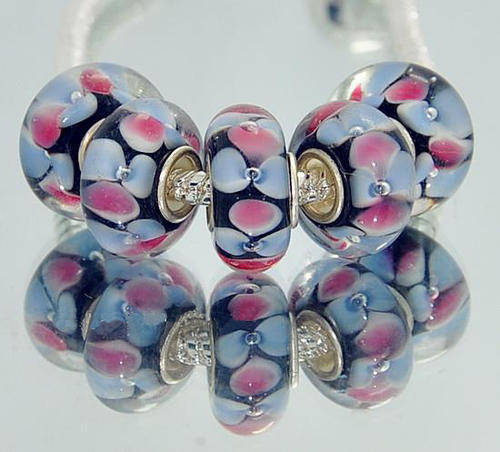 PANDORA STYLE 925 SILVER MURANO GLASS LAMPWORK BEADS - LIGHT BLUE AND PINK INNER FLOWERS