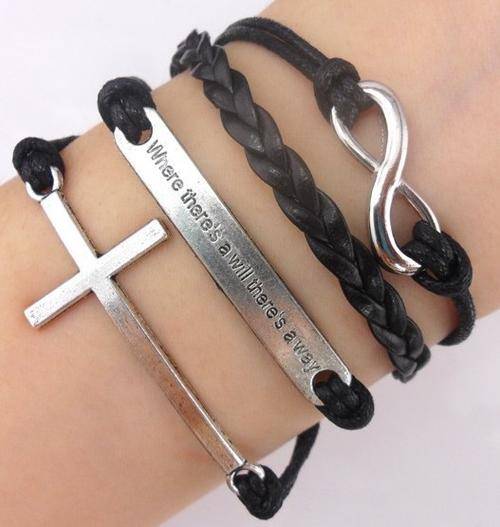 INFINITY - SILVER AND BLACK 4 IN 1 - "WHERE THERE IS A WILL" CROSS ROPE AND LEATHER BRACELET