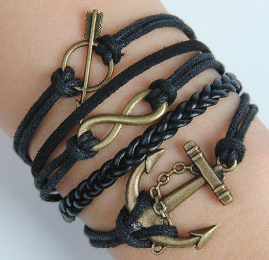 ANTIQUE BRONZE AND BLACK 5 IN 1 INFINITY, ANCHOR AND ARROW WAX CORD, SUEDE AND LEATHER BRACELET