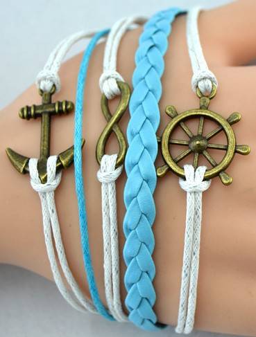VINTAGE BRONZE BLUE AND WHITE 5 IN 1 INFINITY, ANCHOR AND RUDDER WAX CORD AND LEATHER BRACELET