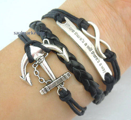 ANTIQUE SILVER & BLACK 4 IN 1 INFINITY, ANCHOR & "WHERE THERE IS A WILL" WAX CORD & LEATHER BRACELET