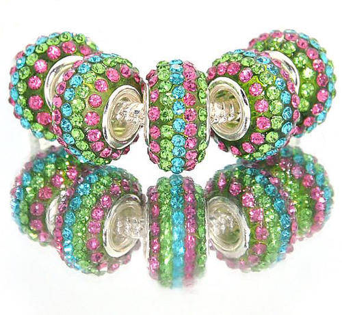 EUROPEAN STYLE - 925 SILVER - HIGH QUALITY - CZECH CRYSTAL RONDELLE BEADS - GREEN, BLUE AND PINK