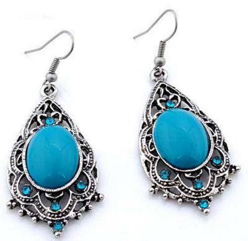 EARRINGS - TIBETAN SILVER BLUE CRYSTAL BEADED DANGLE EARRINGS