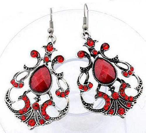 EARRINGS - TIBETAN SILVER - CLASSIC RED CRYSTAL BEADED DANGLE