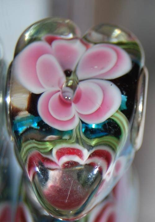 PANDORA STYLE - OOAK - UNIQUE - MURANO GLASS - SEASCAPE INNER FLOWER HEART SHAPED BEADS - PINK
