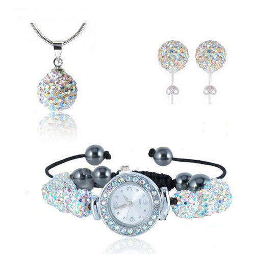 BRACELETS - SHAMBALLA  - WATCH SET - INCLUDES WATCH, NECKLACE, AND EARRINGS - SILVER AB CRYSTAL