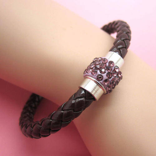 LEATHER WRAP - BROWN WRISTBAND WITH PURPLE RHINESTONE MAGNETIC CLASP BRACELET