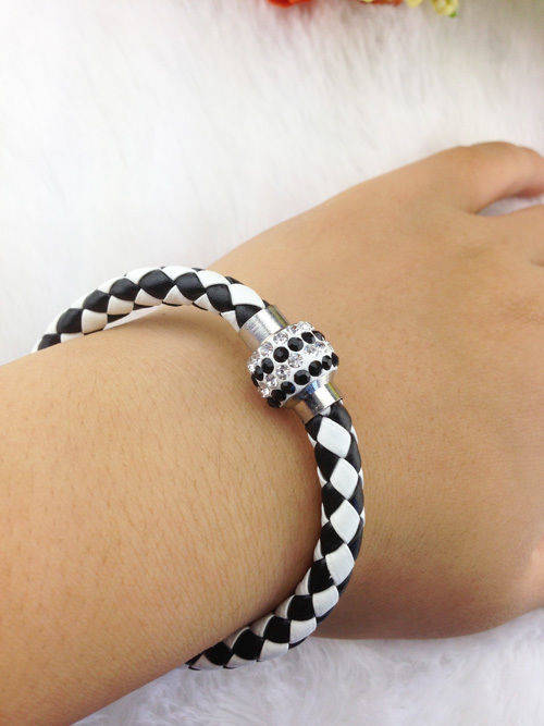 LEATHER WRAP - BLACK AND WHITE WRISTBAND WITH BLACK AND CLEAR RHINESTONE MAGNETIC CLASP BRACELET