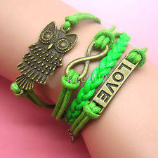 **SPECIAL** NFINITY GREEN AND BRONZE 4 IN 1OWL AND "HOPE" ROPE AND LEATHER BRACELET