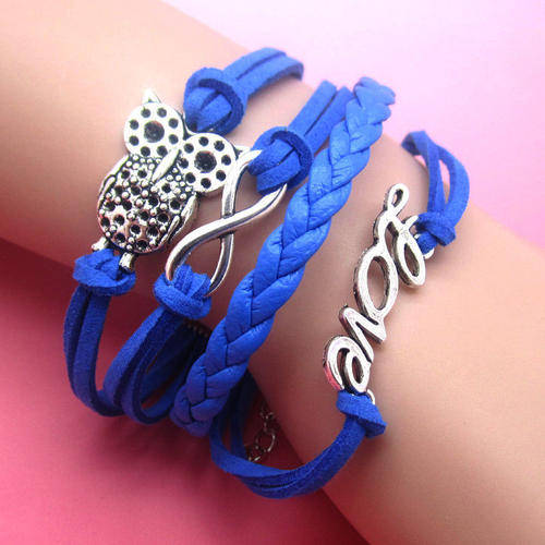 INFINITY SILVER AND BLUE 4 IN 1OWL AND " LOVE" LEATHER AND SUEDE BRACELET