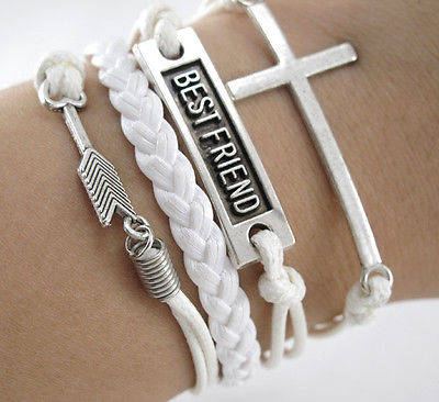 INFINITY - LEATHER WRAP BRACELET - SILVER AND WHITE - 4 IN 1 - CROSS, BEST FRIEND & ARROW