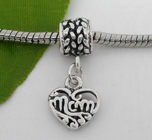 EUROPEAN STYLE - ANTIQUE SILVER - "MOM" - HEART DANGLE CHARMS - FITS EUROPEAN BRACELETS - 27x12mm