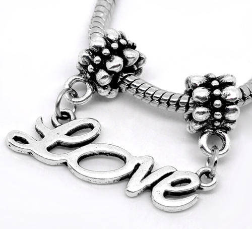 EUROPEAN STYLE - ANTIQUE SILVER - "LOVE" - DANGLE CHARMS - FITS EUROPEAN BRACELETS - 33 x 25mm