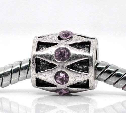 PANDORA STYLE - ANTIQUE SILVER - LILAC RHINESTONE - BARREL SPACER BEADS - 9mm x 9mm